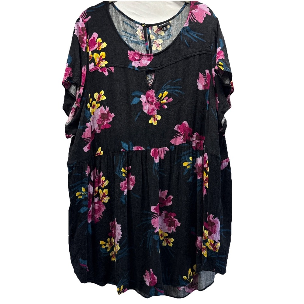 Torrid Women's To Size 4X Black‎ Pink Floral Flutter Sleeves Pullover Tunic